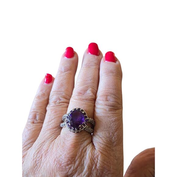 4.72ct Oval/2.05ctw African Amethyst W/.58 Round White Topaz S/S Ring Sz 10 - Picture 5 of 9